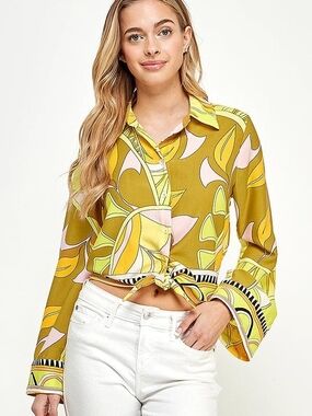 Zara Mustard Yellow Tie-Front Printed Button-Down Shirt- New No Tags